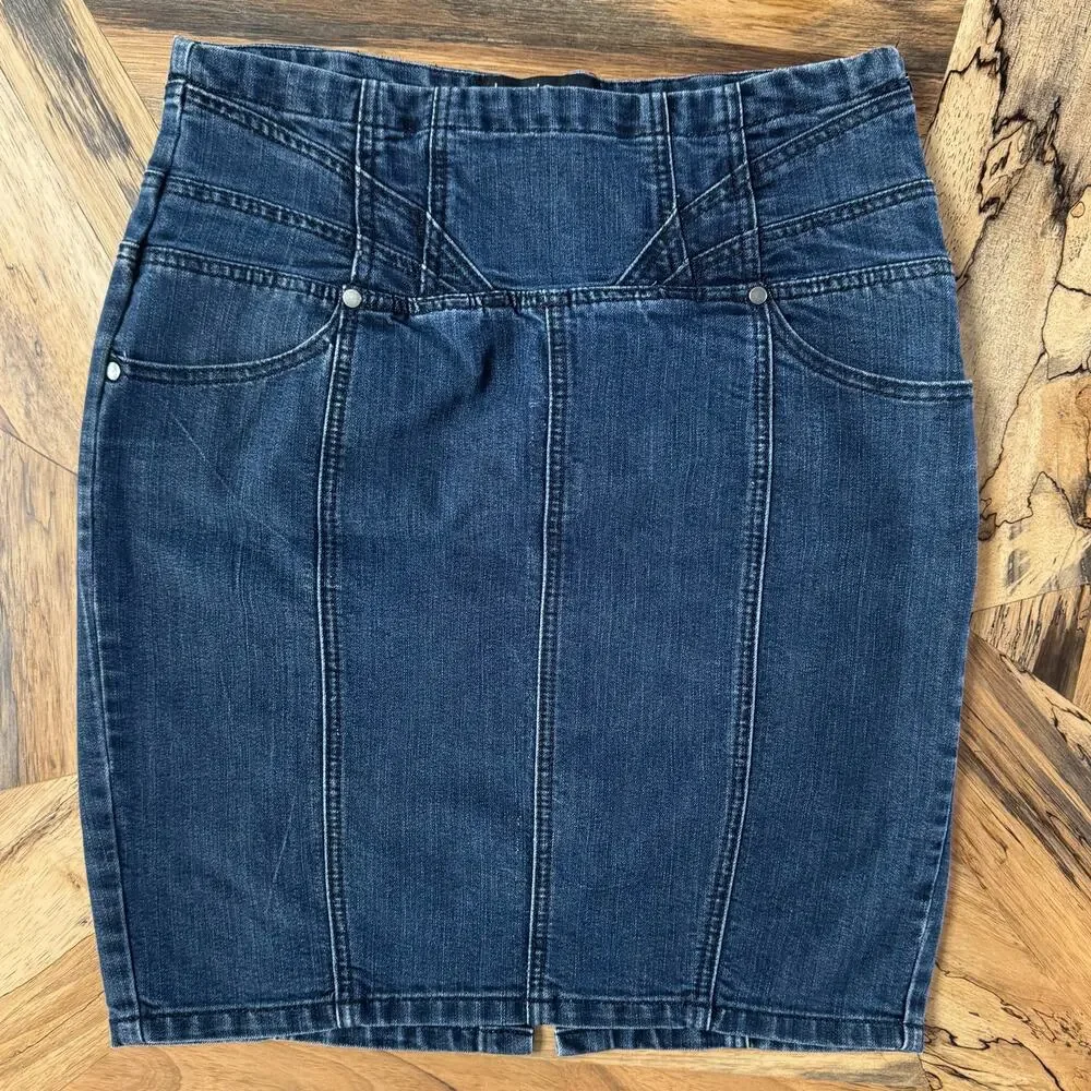Kensie Dark Wash Paneled Denim Pencil Skirt Stretch Midi 90's Style Retro Large